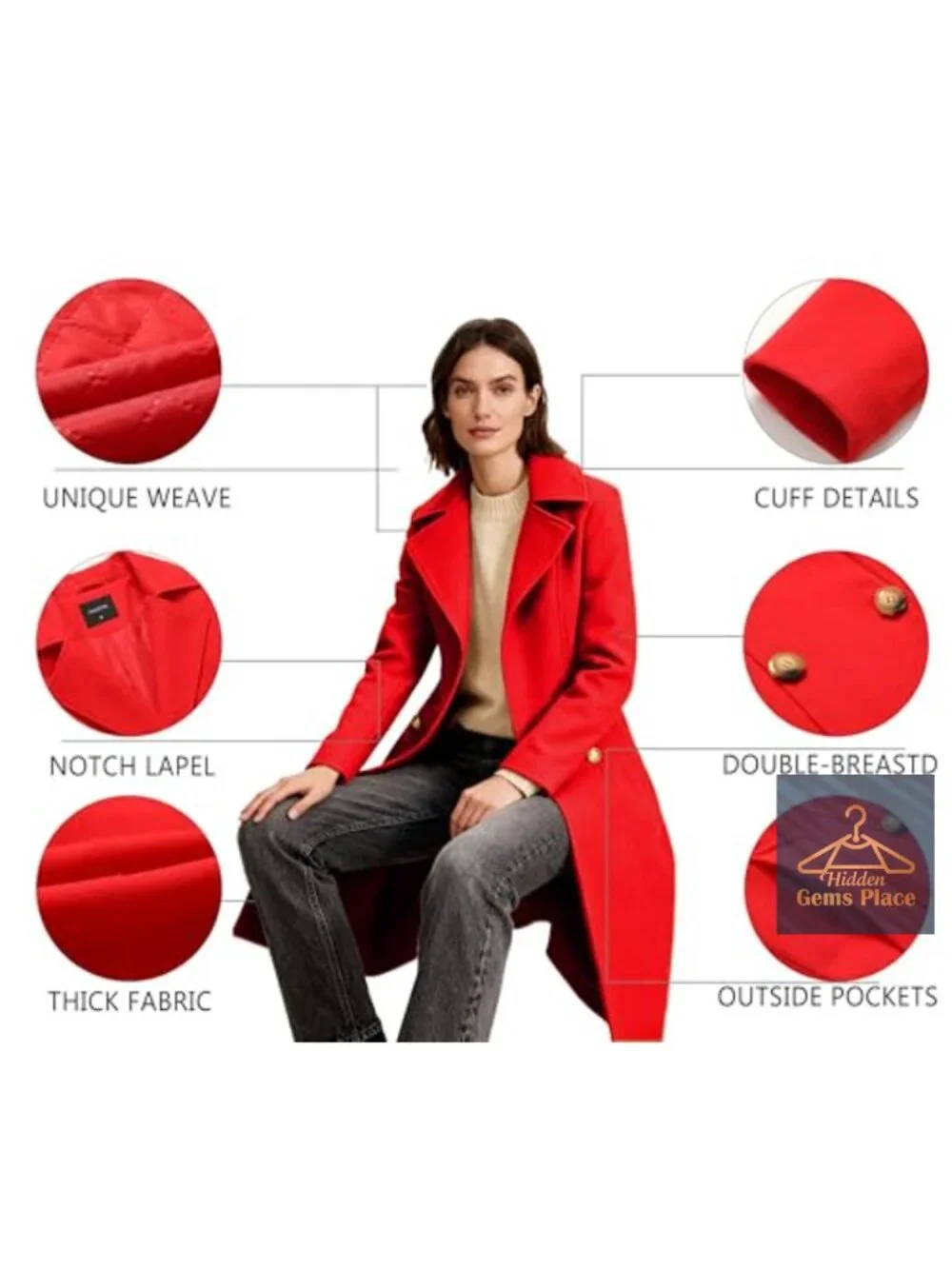 Women's Long Notch Lapel Peacoat Double-Breasted Overcoat Fall Winter